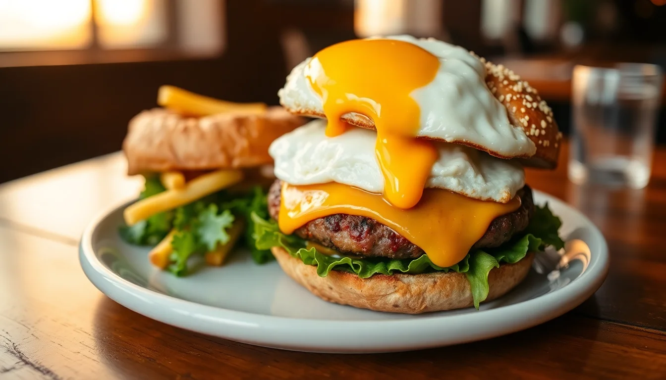 Double Swiss Cheeseburger with Fried Egg on Everything Bagel