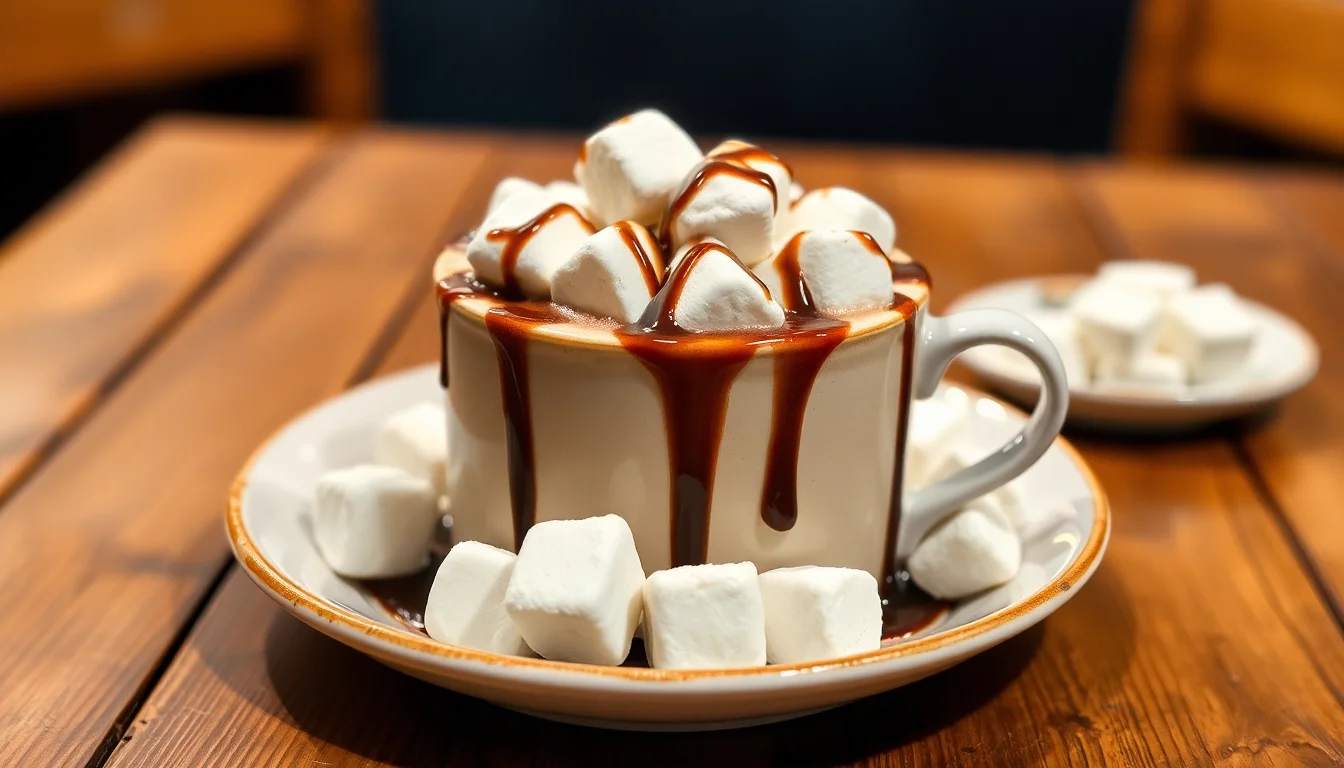 Quick and Easy Hot Cocoa with Mashmallows, Caramel and Chocolate Sauce